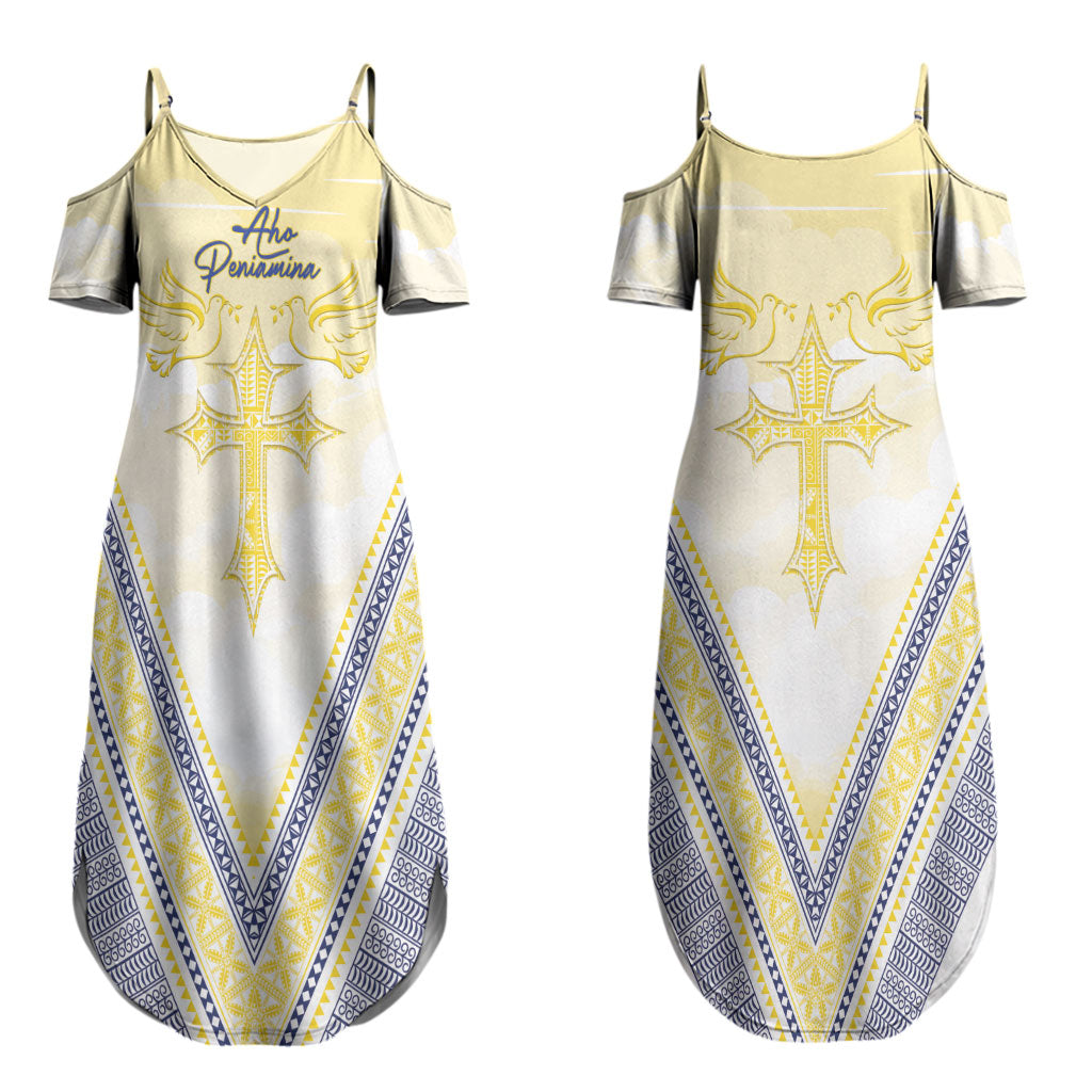 Peniamina Gospel Day Niue Couples Matching Summer Maxi Dress and Long Sleeve Button Shirt Cross Dove Hiapo Pattern Yellow LT14 - Polynesian Pride