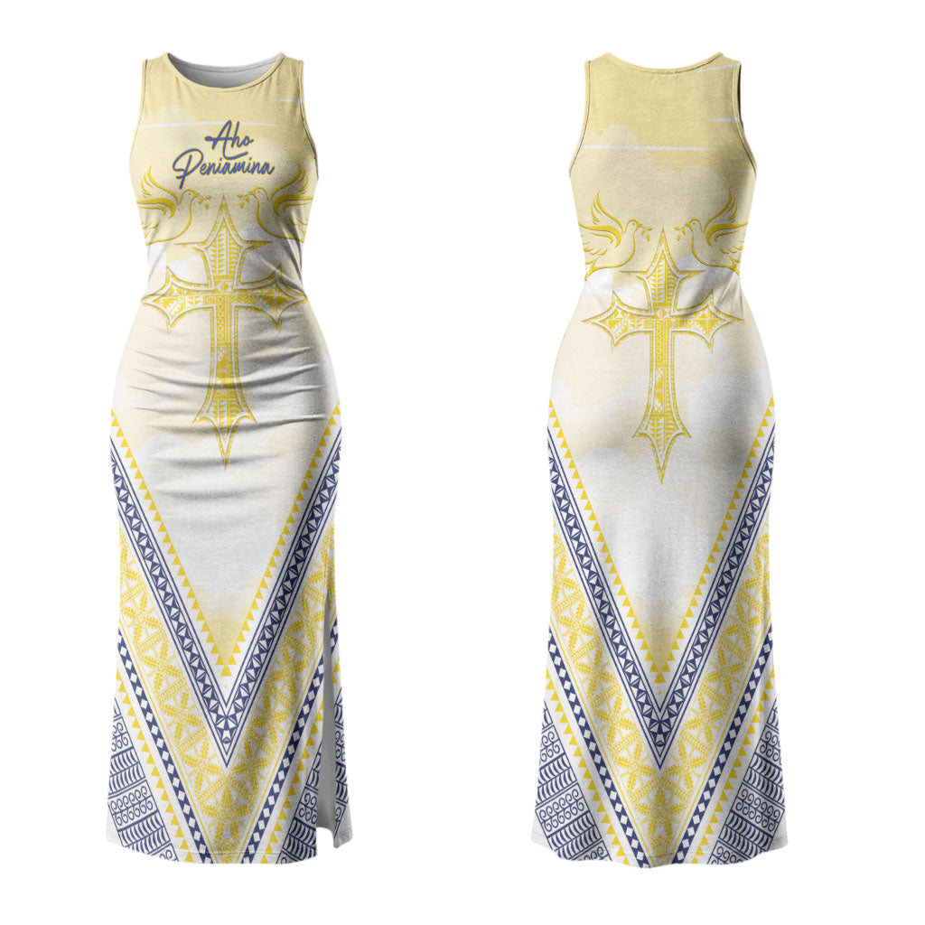 Peniamina Gospel Day Niue Couples Matching Tank Maxi Dress and Long Sleeve Button Shirt Cross Dove Hiapo Pattern Yellow LT14 - Polynesian Pride