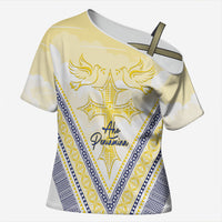 Peniamina Gospel Day Niue Cross Shoulder Shirt Cross Dove Hiapo Pattern Yellow LT14 Female Yellow - Polynesian Pride