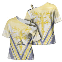 Peniamina Gospel Day Niue Cross Shoulder Shirt Cross Dove Hiapo Pattern Yellow LT14 - Polynesian Pride