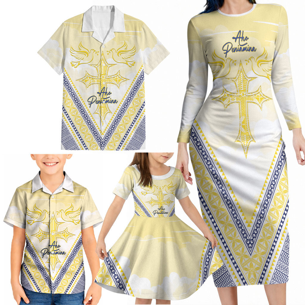 Peniamina Gospel Day Niue Family Matching Long Sleeve Bodycon Dress and Hawaiian Shirt Cross Dove Hiapo Pattern Yellow LT14 - Polynesian Pride
