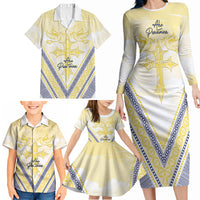 Peniamina Gospel Day Niue Family Matching Long Sleeve Bodycon Dress and Hawaiian Shirt Cross Dove Hiapo Pattern Yellow LT14 - Polynesian Pride
