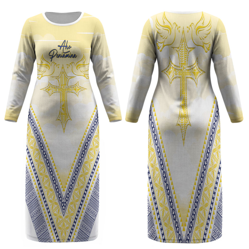 Peniamina Gospel Day Niue Family Matching Long Sleeve Bodycon Dress and Hawaiian Shirt Cross Dove Hiapo Pattern Yellow LT14 Mom's Dress Yellow - Polynesian Pride