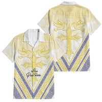 Peniamina Gospel Day Niue Family Matching Long Sleeve Bodycon Dress and Hawaiian Shirt Cross Dove Hiapo Pattern Yellow LT14 Dad's Shirt - Short Sleeve Yellow - Polynesian Pride