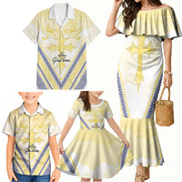 Peniamina Gospel Day Niue Family Matching Mermaid Dress and Hawaiian Shirt Cross Dove Hiapo Pattern Yellow LT14 - Polynesian Pride