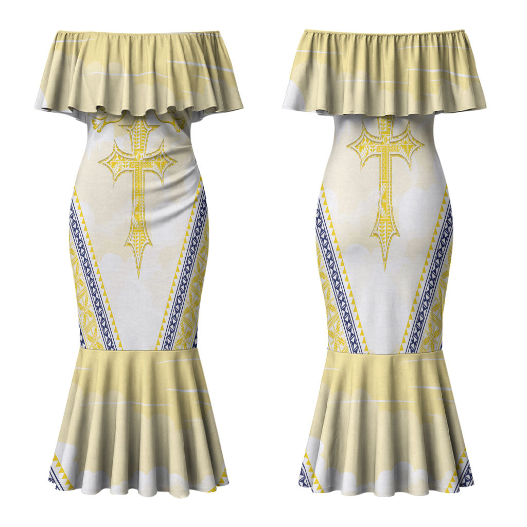 Peniamina Gospel Day Niue Family Matching Mermaid Dress and Hawaiian Shirt Cross Dove Hiapo Pattern Yellow LT14 Mom's Dress Yellow - Polynesian Pride