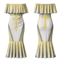 Peniamina Gospel Day Niue Family Matching Mermaid Dress and Hawaiian Shirt Cross Dove Hiapo Pattern Yellow LT14 Mom's Dress Yellow - Polynesian Pride