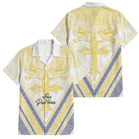 Peniamina Gospel Day Niue Family Matching Mermaid Dress and Hawaiian Shirt Cross Dove Hiapo Pattern Yellow LT14 Dad's Shirt - Short Sleeve Yellow - Polynesian Pride
