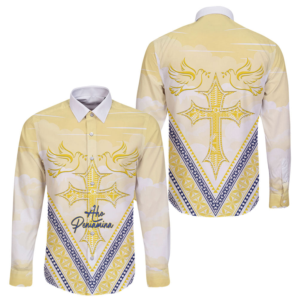 Peniamina Gospel Day Niue Family Matching Mermaid Dress and Hawaiian Shirt Cross Dove Hiapo Pattern Yellow LT14 Dad's Shirt - Long Sleeve Yellow - Polynesian Pride