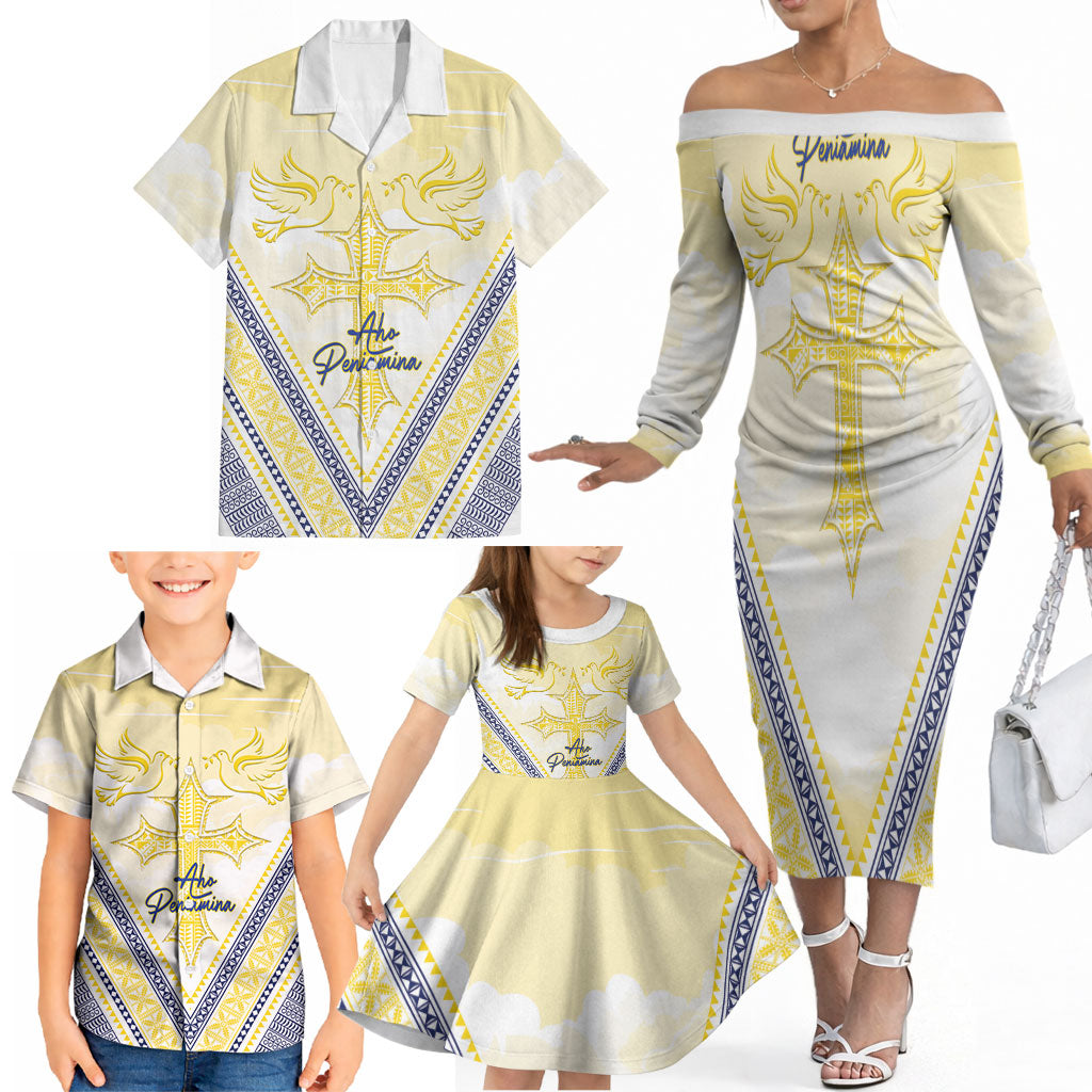 Peniamina Gospel Day Niue Family Matching Off The Shoulder Long Sleeve Dress and Hawaiian Shirt Cross Dove Hiapo Pattern Yellow LT14 - Polynesian Pride