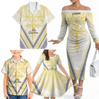 Peniamina Gospel Day Niue Family Matching Off The Shoulder Long Sleeve Dress and Hawaiian Shirt Cross Dove Hiapo Pattern Yellow LT14 - Polynesian Pride