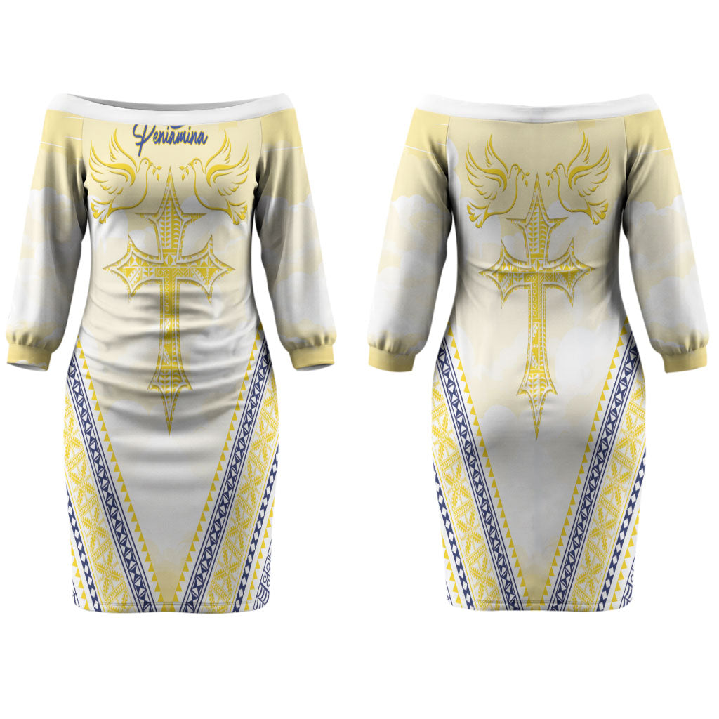 Peniamina Gospel Day Niue Family Matching Off The Shoulder Long Sleeve Dress and Hawaiian Shirt Cross Dove Hiapo Pattern Yellow LT14 Mom's Dress Yellow - Polynesian Pride