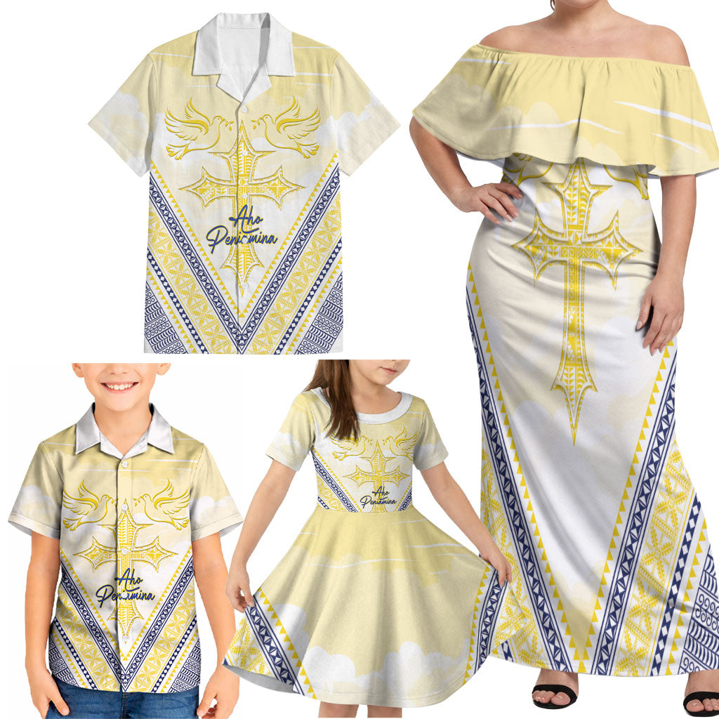 Peniamina Gospel Day Niue Family Matching Off Shoulder Maxi Dress and Hawaiian Shirt Cross Dove Hiapo Pattern Yellow LT14 - Polynesian Pride