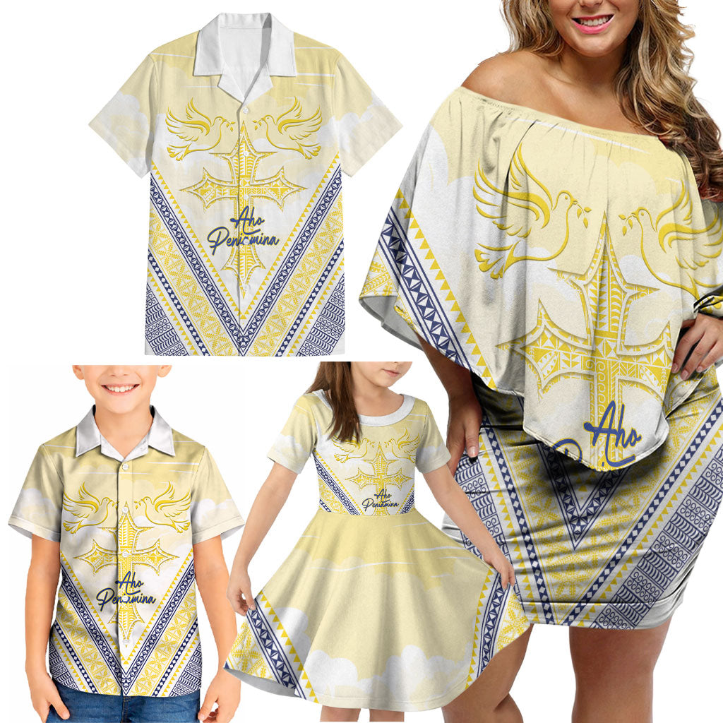 Peniamina Gospel Day Niue Family Matching Off Shoulder Short Dress and Hawaiian Shirt Cross Dove Hiapo Pattern Yellow LT14 - Polynesian Pride