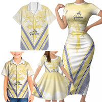 Peniamina Gospel Day Niue Family Matching Short Sleeve Bodycon Dress and Hawaiian Shirt Cross Dove Hiapo Pattern Yellow LT14 - Polynesian Pride