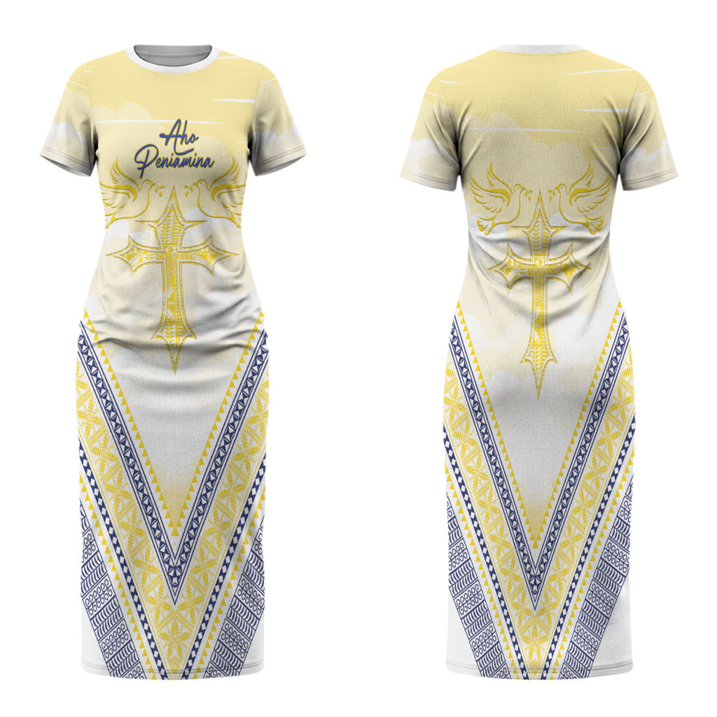 Peniamina Gospel Day Niue Family Matching Short Sleeve Bodycon Dress and Hawaiian Shirt Cross Dove Hiapo Pattern Yellow LT14 Mom's Dress Yellow - Polynesian Pride
