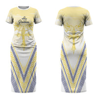 Peniamina Gospel Day Niue Family Matching Short Sleeve Bodycon Dress and Hawaiian Shirt Cross Dove Hiapo Pattern Yellow LT14 Mom's Dress Yellow - Polynesian Pride