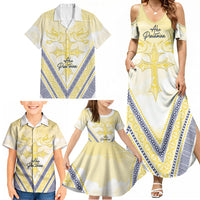 Peniamina Gospel Day Niue Family Matching Summer Maxi Dress and Hawaiian Shirt Cross Dove Hiapo Pattern Yellow LT14 - Polynesian Pride