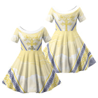 Peniamina Gospel Day Niue Family Matching Summer Maxi Dress and Hawaiian Shirt Cross Dove Hiapo Pattern Yellow LT14 Daughter's Dress Yellow - Polynesian Pride
