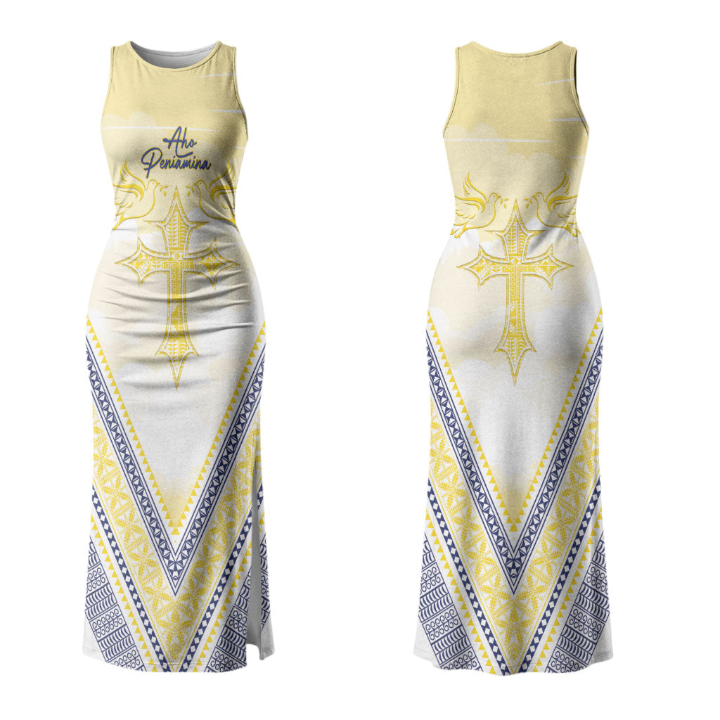 Peniamina Gospel Day Niue Family Matching Tank Maxi Dress and Hawaiian Shirt Cross Dove Hiapo Pattern Yellow LT14 Mom's Dress Yellow - Polynesian Pride