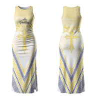 Peniamina Gospel Day Niue Family Matching Tank Maxi Dress and Hawaiian Shirt Cross Dove Hiapo Pattern Yellow LT14 Mom's Dress Yellow - Polynesian Pride