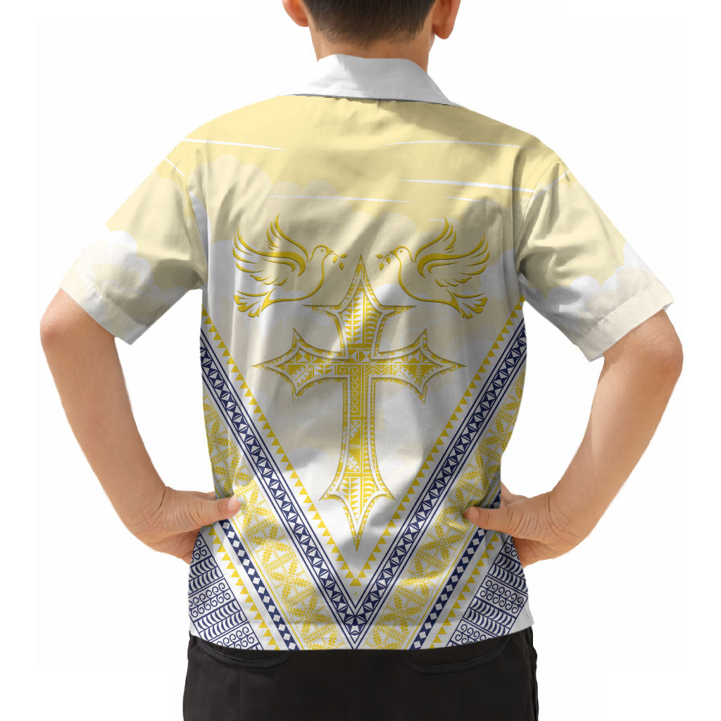 Peniamina Gospel Day Niue Hawaiian Shirt Cross Dove Hiapo Pattern Yellow LT14 - Polynesian Pride