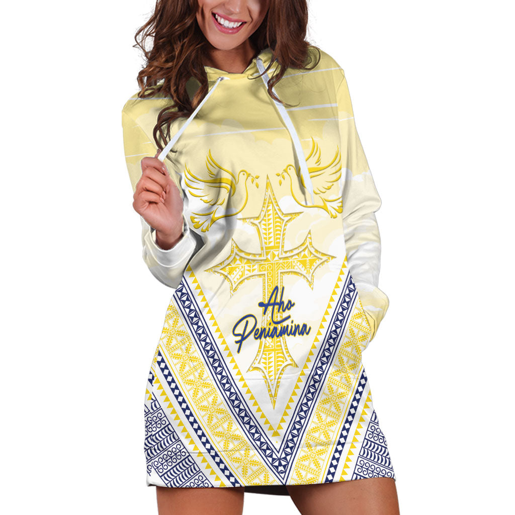 Peniamina Gospel Day Niue Hoodie Dress Cross Dove Hiapo Pattern Yellow LT14 Yellow - Polynesian Pride