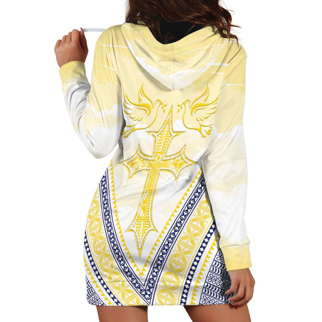 Peniamina Gospel Day Niue Hoodie Dress Cross Dove Hiapo Pattern Yellow LT14 - Polynesian Pride