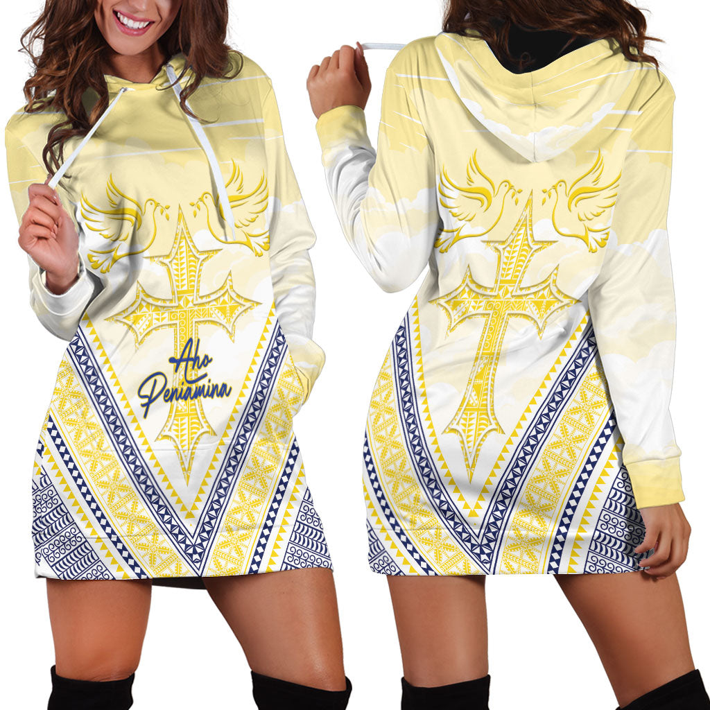 Peniamina Gospel Day Niue Hoodie Dress Cross Dove Hiapo Pattern Yellow LT14 - Polynesian Pride