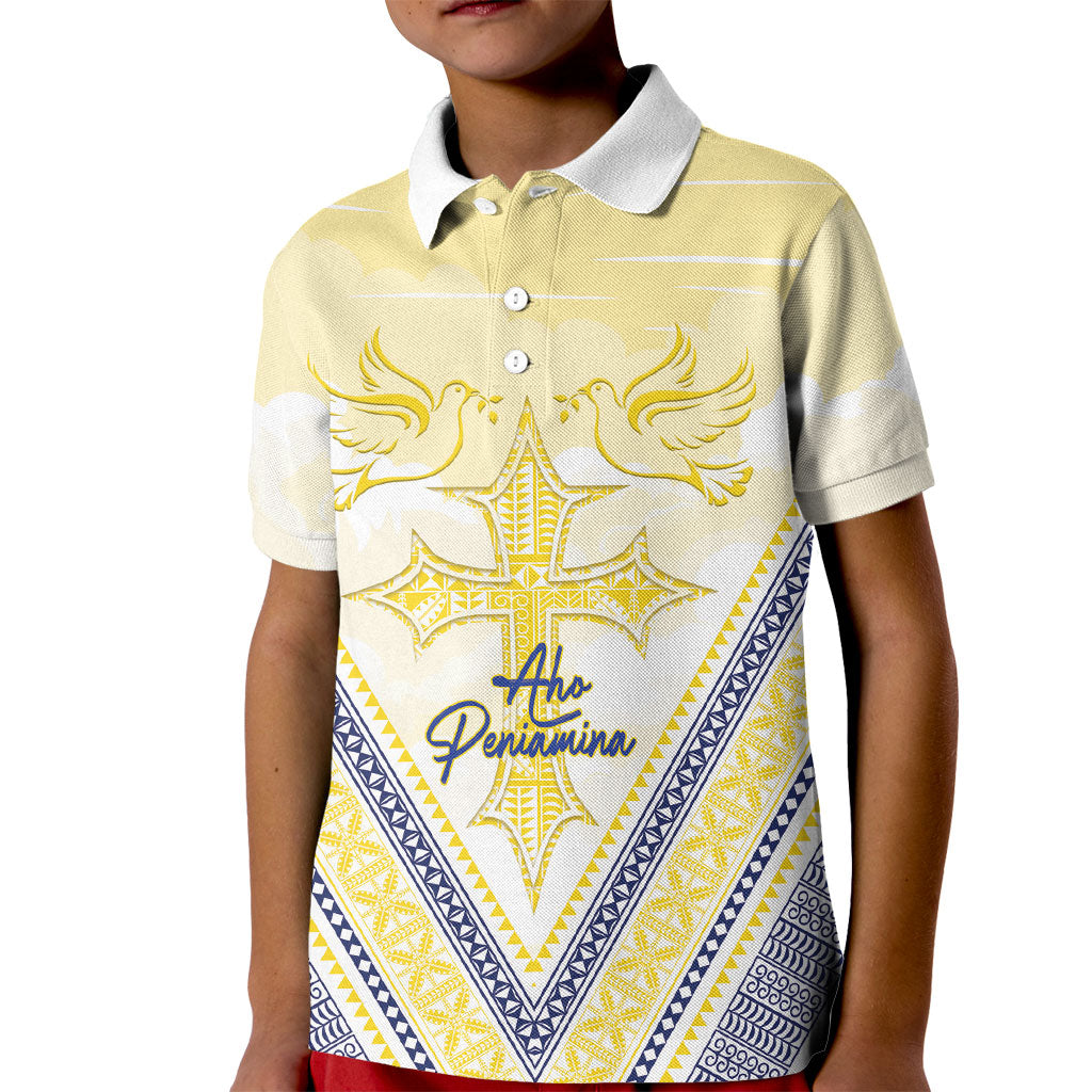 Peniamina Gospel Day Niue Kid Polo Shirt Cross Dove Hiapo Pattern Yellow