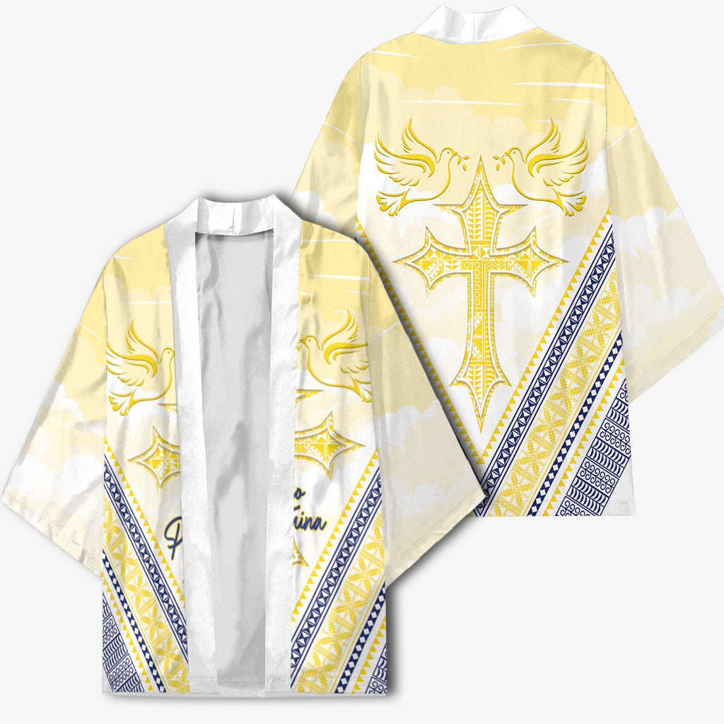 Peniamina Gospel Day Niue Kimono Cross Dove Hiapo Pattern Yellow