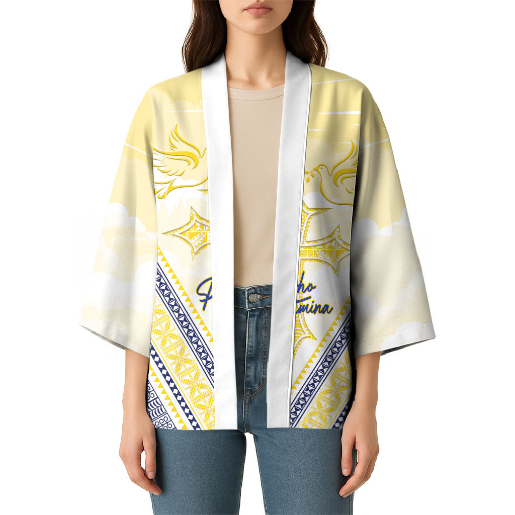 Peniamina Gospel Day Niue Kimono Cross Dove Hiapo Pattern Yellow