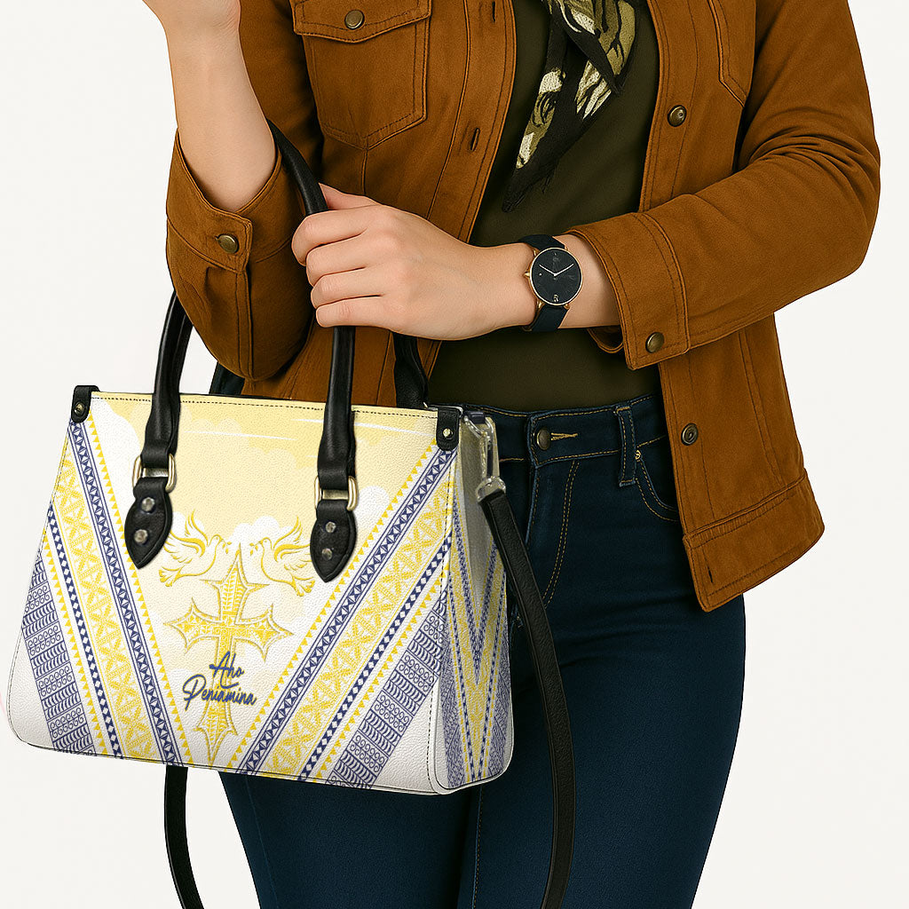 Peniamina Gospel Day Niue Leather Bag Cross Dove Hiapo Pattern Yellow LT14 - Polynesian Pride