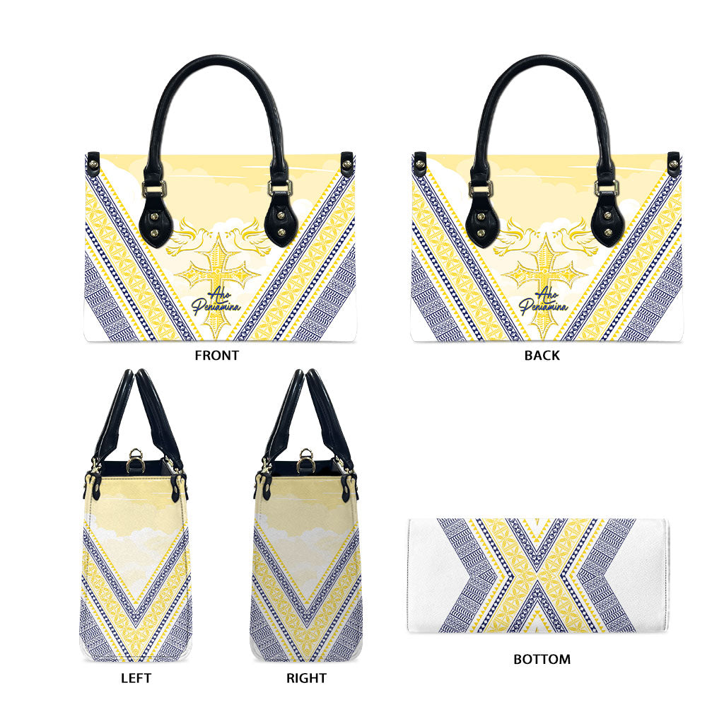Peniamina Gospel Day Niue Leather Bag Cross Dove Hiapo Pattern Yellow LT14 - Polynesian Pride