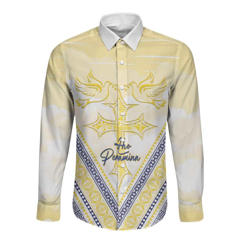 Peniamina Gospel Day Niue Long Sleeve Button Shirt Cross Dove Hiapo Pattern Yellow LT14 Unisex Yellow - Polynesian Pride
