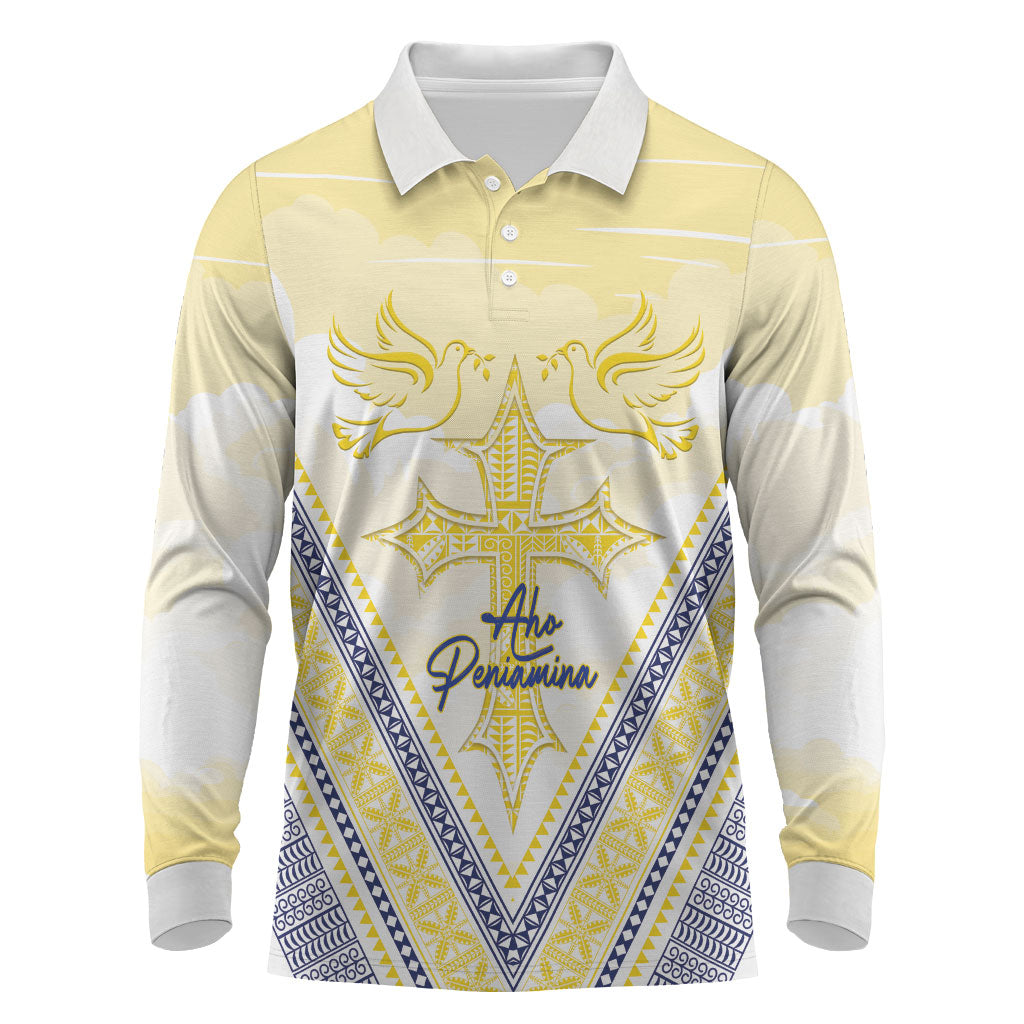 Peniamina Gospel Day Niue Long Sleeve Polo Shirt Cross Dove Hiapo Pattern Yellow LT14 Yellow - Polynesian Pride