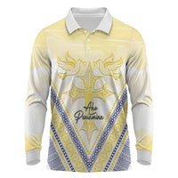Peniamina Gospel Day Niue Long Sleeve Polo Shirt Cross Dove Hiapo Pattern Yellow LT14 Yellow - Polynesian Pride