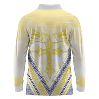 Peniamina Gospel Day Niue Long Sleeve Polo Shirt Cross Dove Hiapo Pattern Yellow LT14 - Polynesian Pride
