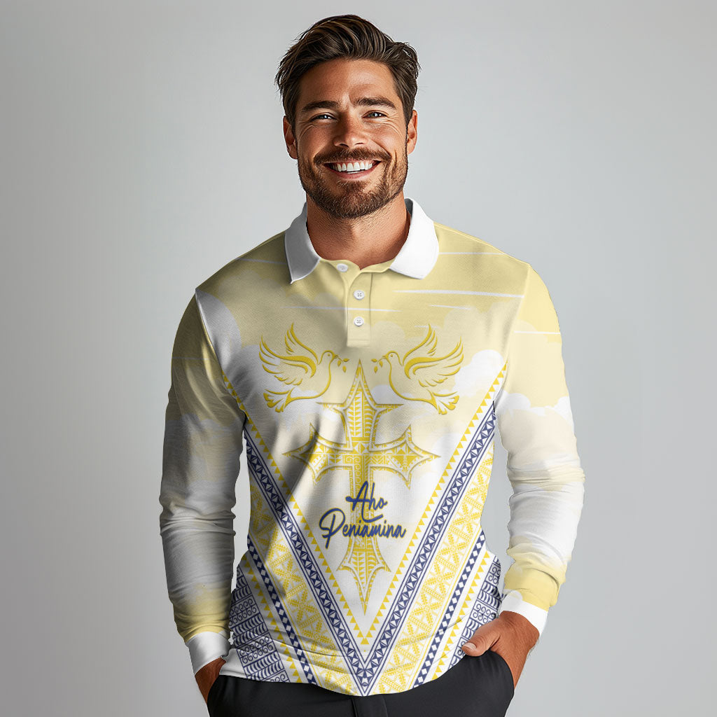 Peniamina Gospel Day Niue Long Sleeve Polo Shirt Cross Dove Hiapo Pattern Yellow LT14 - Polynesian Pride