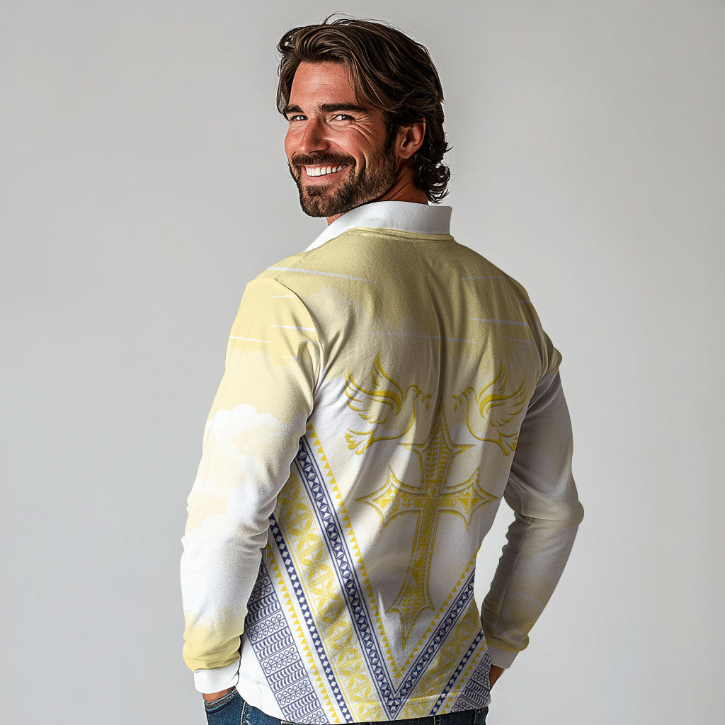 Peniamina Gospel Day Niue Long Sleeve Polo Shirt Cross Dove Hiapo Pattern Yellow LT14 - Polynesian Pride