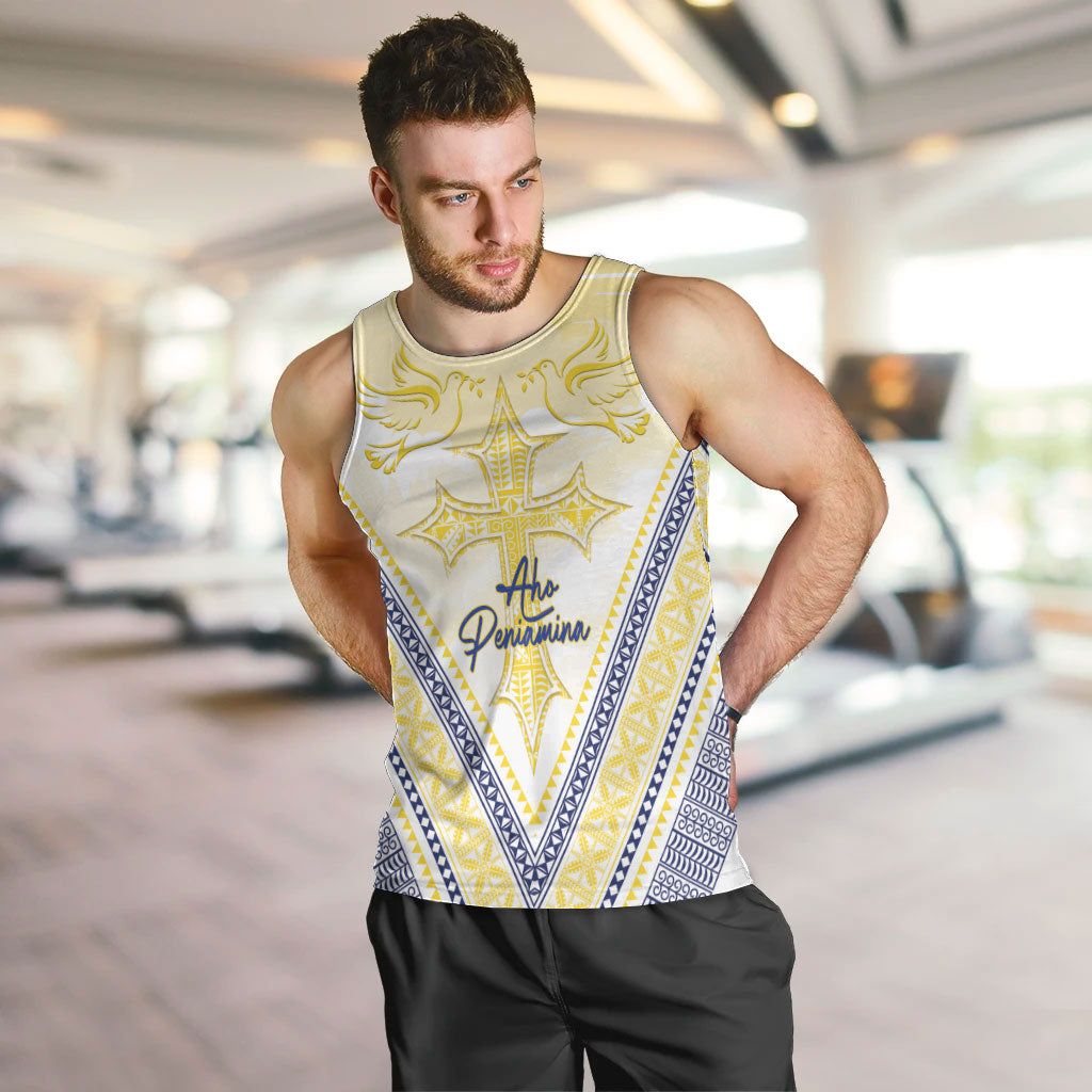 Peniamina Gospel Day Niue Men Tank Top Cross Dove Hiapo Pattern Yellow LT14 Yellow - Polynesian Pride