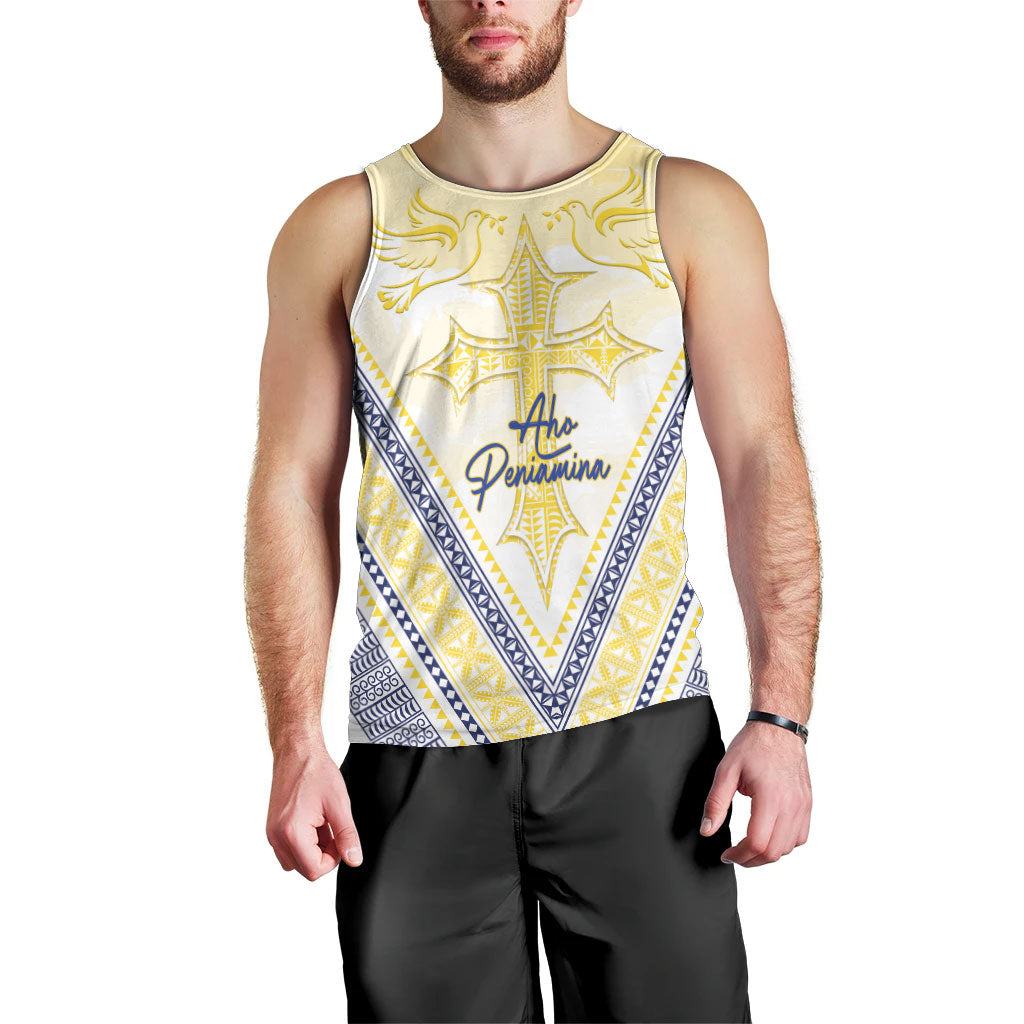 Peniamina Gospel Day Niue Men Tank Top Cross Dove Hiapo Pattern Yellow LT14 - Polynesian Pride