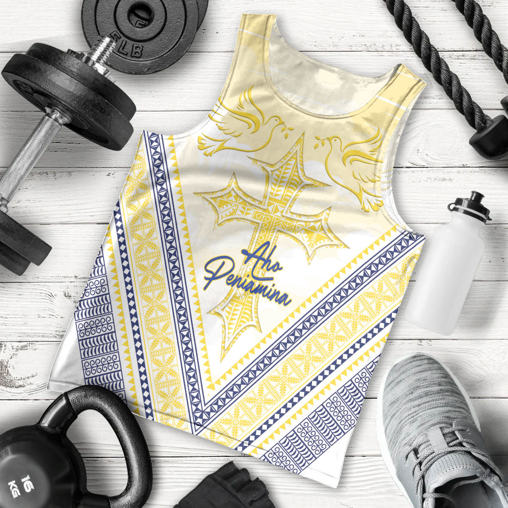 Peniamina Gospel Day Niue Men Tank Top Cross Dove Hiapo Pattern Yellow LT14 - Polynesian Pride