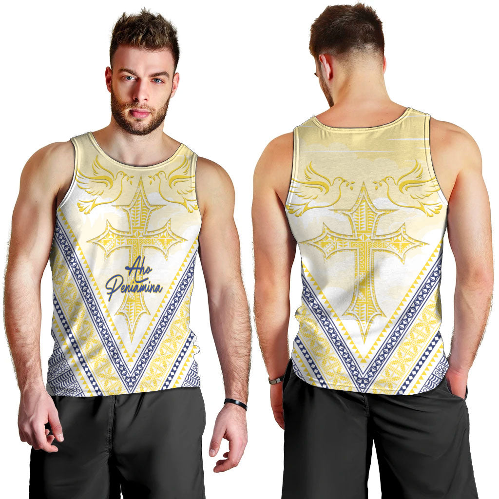 Peniamina Gospel Day Niue Men Tank Top Cross Dove Hiapo Pattern Yellow LT14 - Polynesian Pride