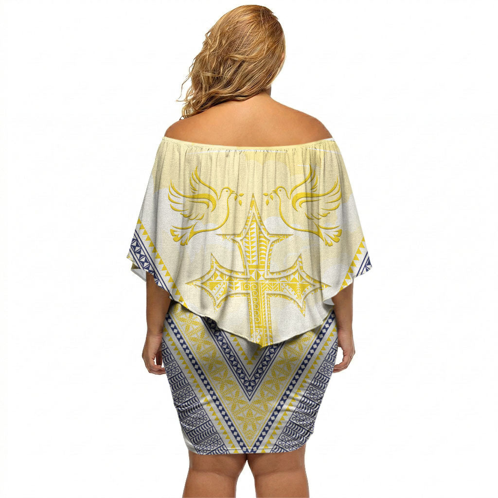 Peniamina Gospel Day Niue Off Shoulder Short Dress Cross Dove Hiapo Pattern Yellow LT14 - Polynesian Pride