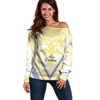 Peniamina Gospel Day Niue Off Shoulder Sweater Cross Dove Hiapo Pattern Yellow LT14 Women Yellow - Polynesian Pride