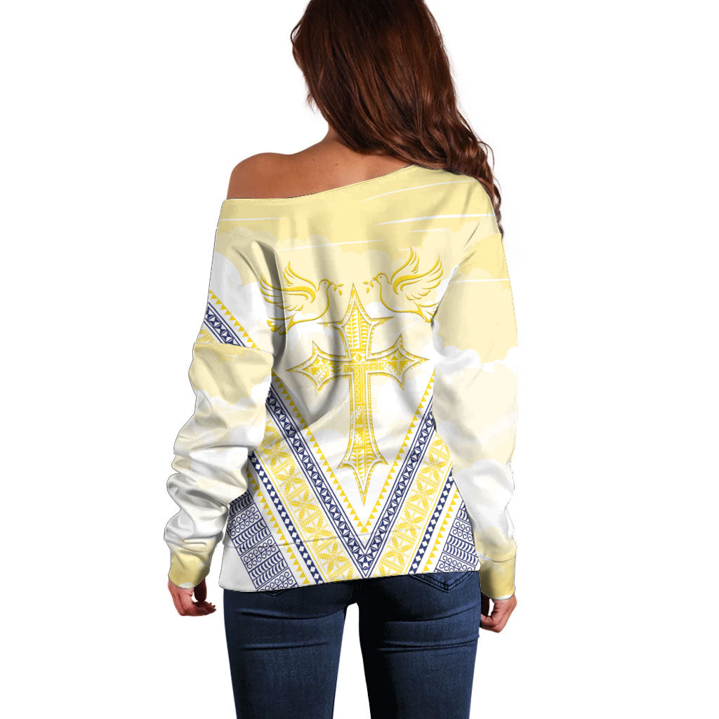 Peniamina Gospel Day Niue Off Shoulder Sweater Cross Dove Hiapo Pattern Yellow LT14 - Polynesian Pride