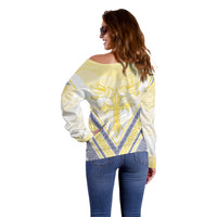 Peniamina Gospel Day Niue Off Shoulder Sweater Cross Dove Hiapo Pattern Yellow LT14 - Polynesian Pride