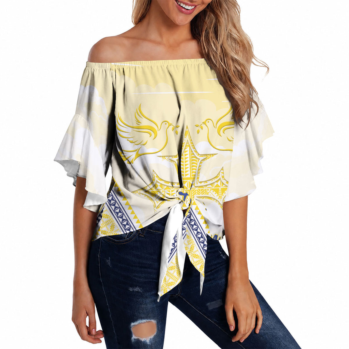 Peniamina Gospel Day Niue Off Shoulder Wrap Waist Top Cross Dove Hiapo Pattern Yellow