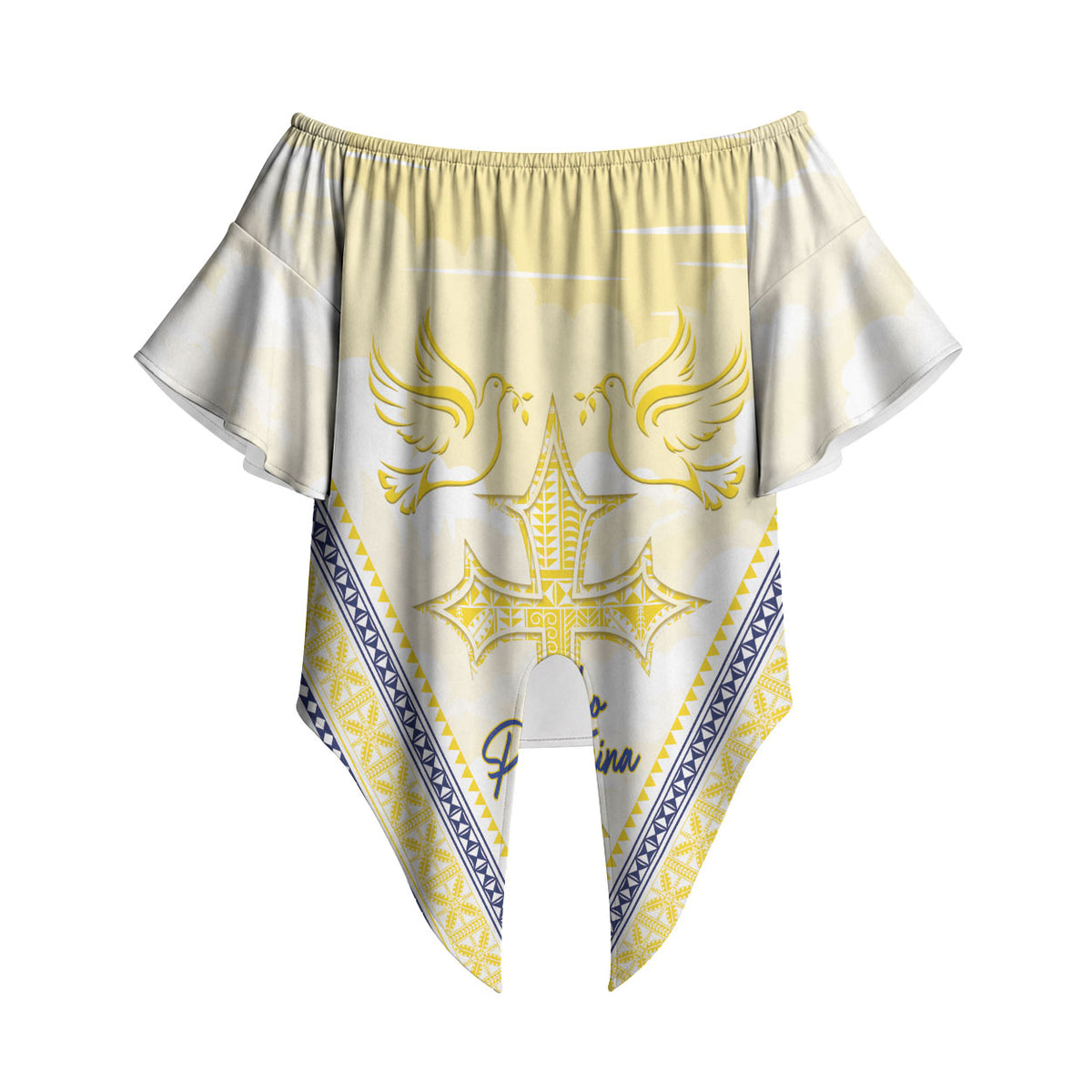 Peniamina Gospel Day Niue Off Shoulder Wrap Waist Top Cross Dove Hiapo Pattern Yellow